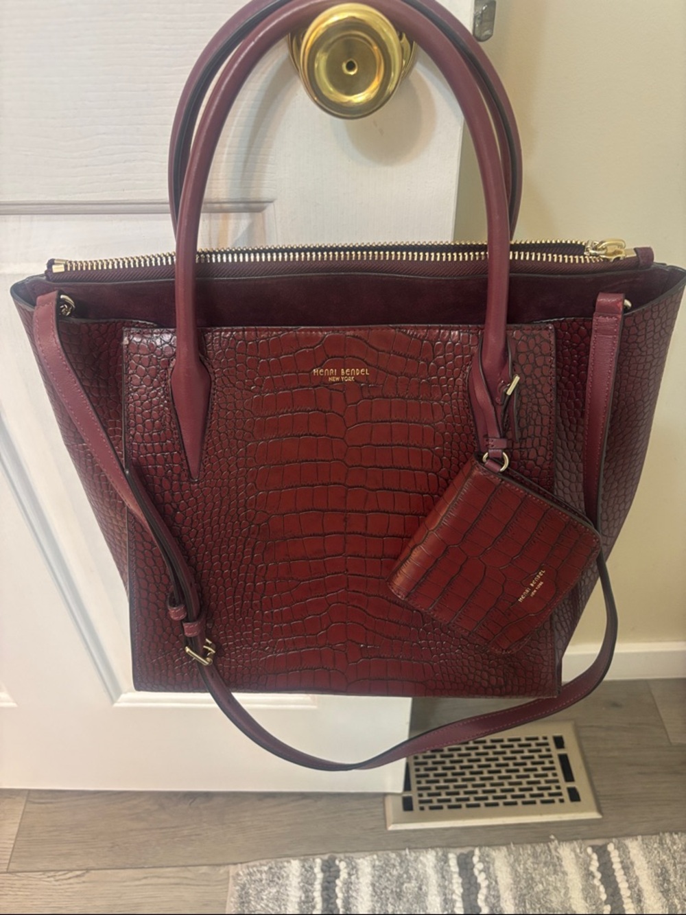 henri bendel burgundy croc-embossed leather tote with pouch